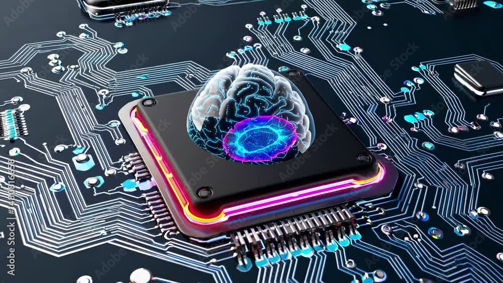 Poster glowing green and blue hologram of an artificial intelligence brain floating above a cpu on a futuri