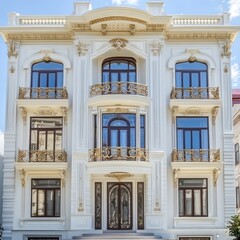 Elegant, multi-story building with ornate details.  Classical architecture,  grand entrance