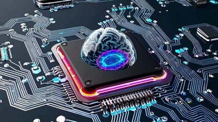 Glowing green and blue hologram of an artificial intelligence brain floating above a cpu on a futuristic computer motherboard, processing vast amounts of data with advanced technology - Powered by Adobe