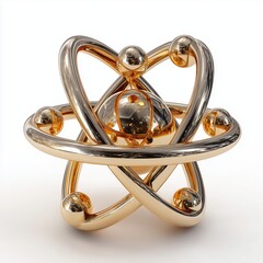Reflective gold metallic atom on plain bright white background no shadows, science symbol, orbiting electrons