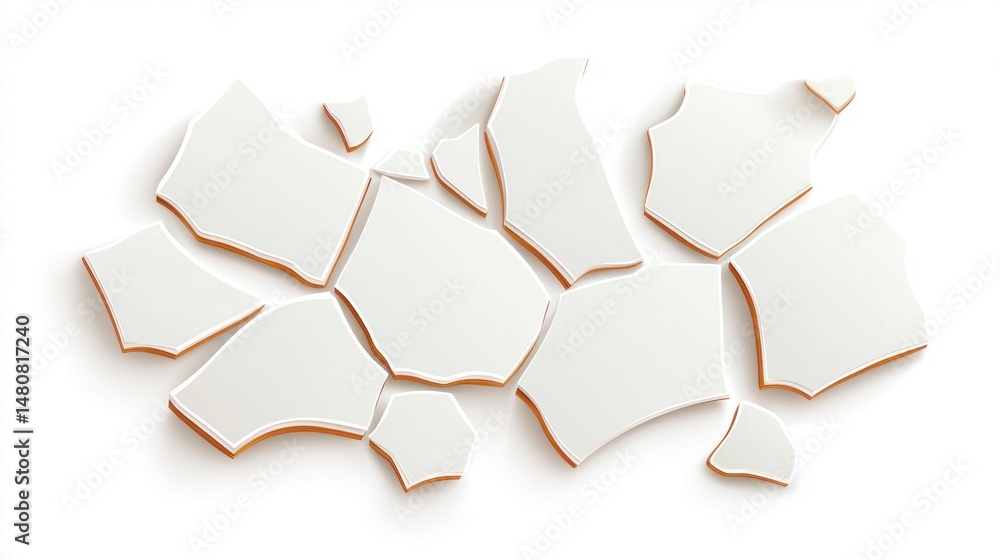 Poster scattered fragments of a broken white ceramic object are displayed