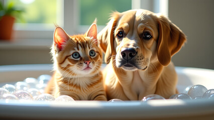 wet cat dog sit together bathtub filled iridescent soap bubbles fur glistening soft diffused natural light