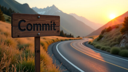 winding mountain road stretches distance behind wooden sign bearing bold letters set serene golden hour