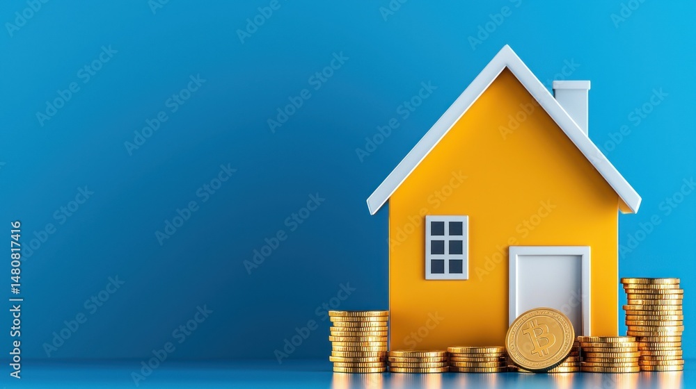 Poster conceptual image displaying house bitcoin and coins in bright light