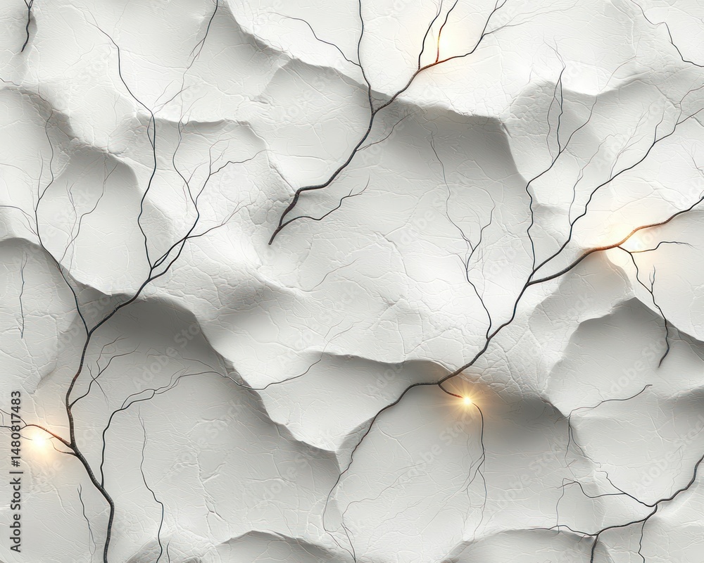 Poster abstract textured white surface with branching lines and glowing points