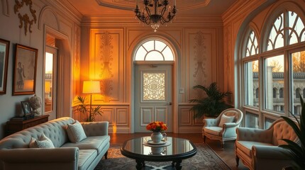 Art deco house interior. warm golden hour light casts a soft glow, emphasizing the radiant and luxurious details.  the overall aesthetic is charming and cute, with soft contrast and saturation