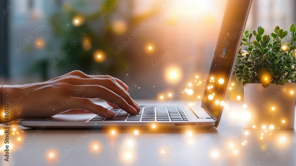 Poster hands typing on laptop with soft focus and glowing lights