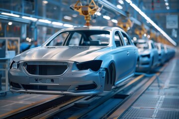 Obraz premium Robotic arm lifting car body in modern automotive factory