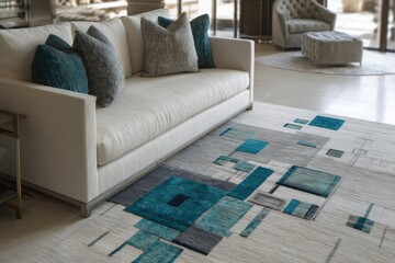 Contemporary rug design complements modern living room furniture.