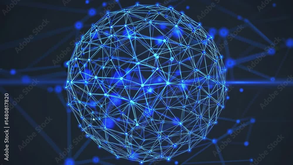 Poster glowing blue sphere is rotating with data transferring through network nodes, symbolizing global com