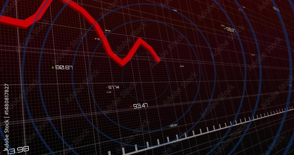 Aufkleber bright red 3d zigzag line graph cutting across dark red grid with blue rings, numeric labels