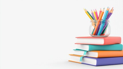 Fototapeta premium Colorful pencils in glass jar stacked atop colorful books