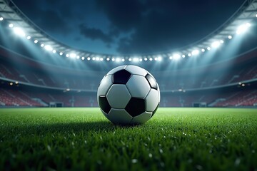 A large football stadium at night, with bright lights illuminating the green pitch and a dense crowd of spectators. Ideal for sports event coverage, stadium advertising,