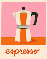 Moka pot espresso maker in retro style coffee poster in warm orange and pink tones. Perfect for kitchen decor, cafe, menus, coffee shop branding or espresso themed designs