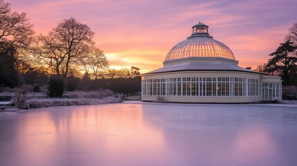 Obraz premium Glasshouse sunrise reflection on frozen pond winter landscape architecture