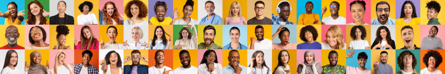 A vibrant collection of diverse individuals showcasing various expressions of happiness against...