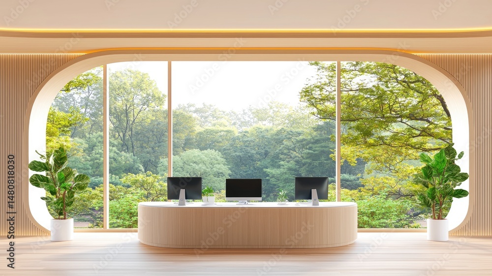 Poster modern reception area featuring large window and natural light