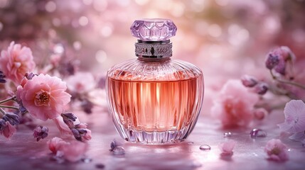 Delicate perfume bottle surrounded by pink flowers