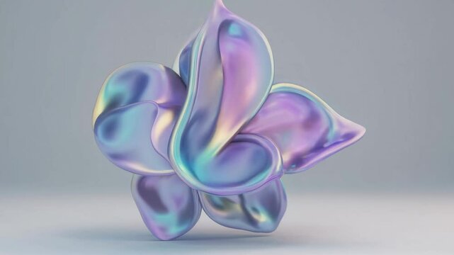 Holographic iridescent fluid shape morphing and rotating, creating a mesmerizing visual with vibrant colors and dynamic movement on a simple background