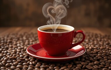 Fototapeta premium A Glossy Red And Black Coffee Cup With Swirling Design Accompanied By Sleek Spoon Showcasing Latte Art Pattern On Top