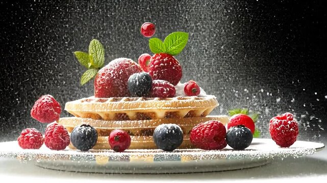 Stacked waffles topped with berries and powdered sugar.