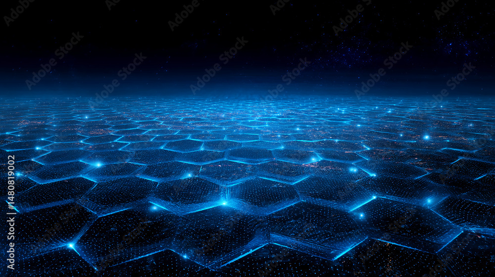 Aufkleber abstract image of a dark blue hexagonal grid, resembling a network or digital landscape, with glowin