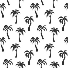 Black palm tree silhouettes seamless pattern. Minimalist simple doodle drawn tropical palms background. Perfect for summer travel design, exotic beach themes, vacation prints, packaging, textile