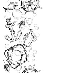 Anchor, ship s wheel, lifebuoy, float fishing float with fish and bubbles. Watercolor hand-drawn illustration. Seamless border vertical, pattern, endlessly repeating ornament, on a white background