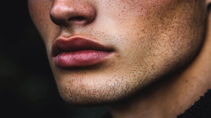 Obraz premium Close-up of a man's face, focusing on his lips and chin