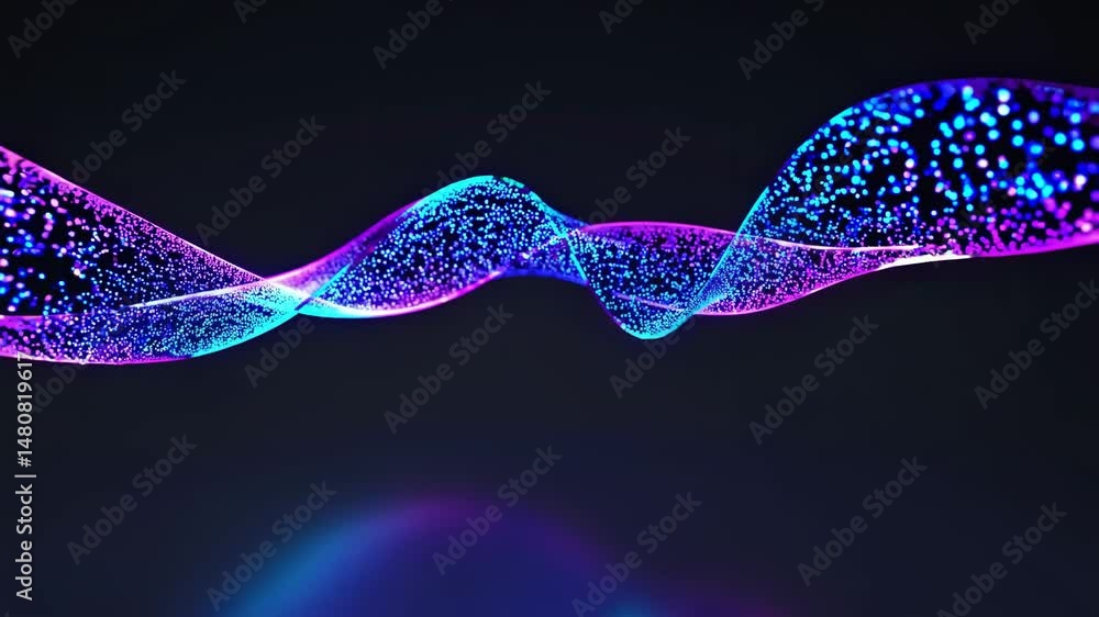 Poster abstract blue and purple particles are flowing and creating a wavy shape on a black background with 