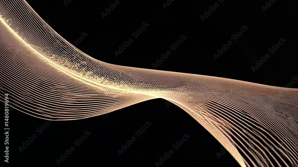 Poster golden particles are flowing and forming abstract lines on a black background, creating a luxurious 