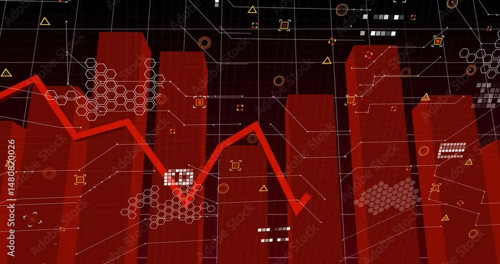 Poster animating red bar chart columns rising and falling, zigzag line, connection lines, data markers