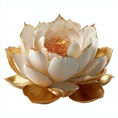 Polished gold metallic lotus on plain bright white background no shadows, sacred flower, serene beauty