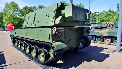 Warsaw, Poland. 7 May 2025. 155 mm howitzer SH K K9 at the Defence24 military equipment exhibition.