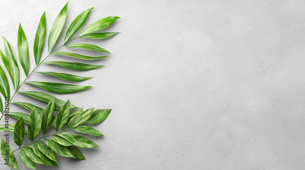 Poster green foliage on light gray textured background for use as backdrop