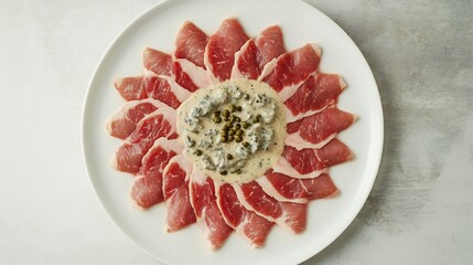 Top down view of Vitello Tonnato thinly sliced veal served creamy tuna and caper sauce arranged beautifully on a white plate Piedmontese delicacy from Italy cut out on isolated transparent background
