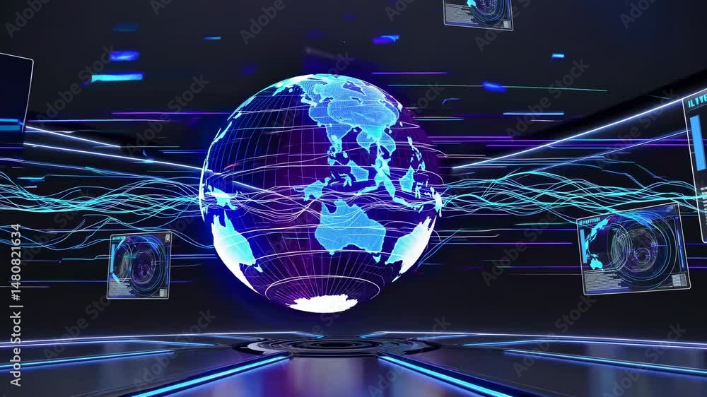 Poster visualizing a futuristic global communication network, showcasing data flow and information exchange