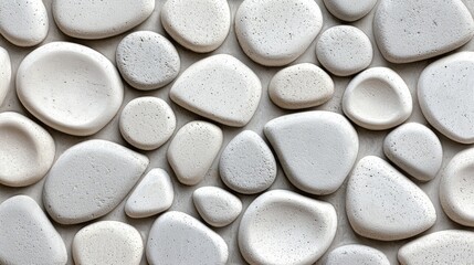 Many smooth white pebbles are arranged in a close pattern