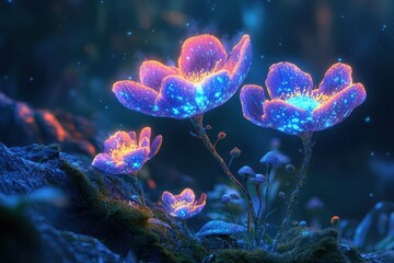 Naklejka premium Glow-in-the-dark flowers in a mystical forest. Delicate, vibrant blossoms stand out against a dark, enchanted background
