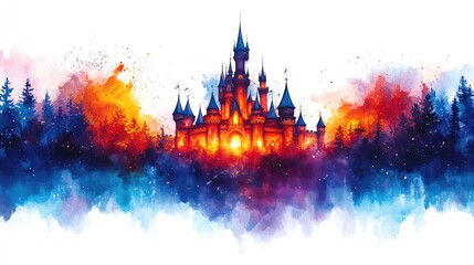 Magical castle nestled in a vibrant forest, watercolor style