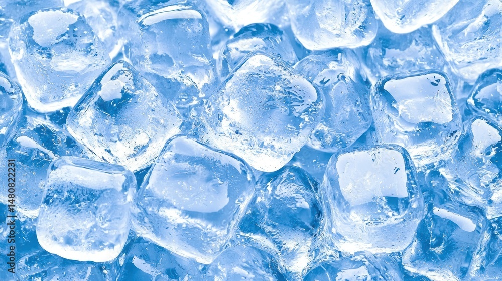 Poster pile of glistening translucent ice cubes creates a refreshing texture