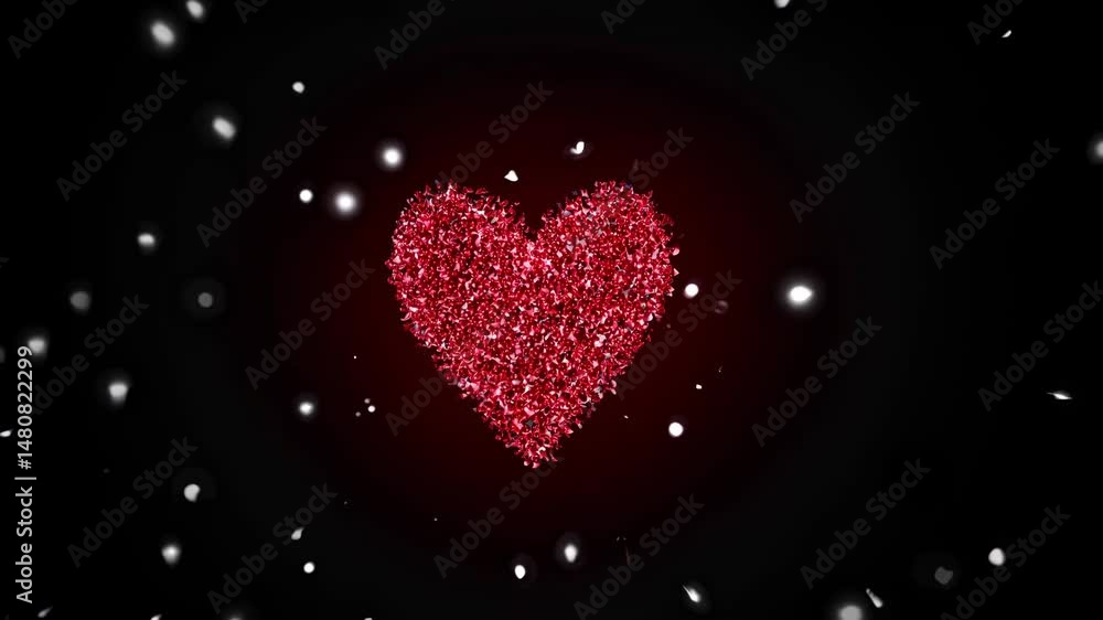 Poster small red particles creating a large heart shape, bursting with energy against a dark background fea