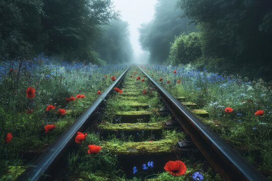 Overgrown railway track disappearing into a misty forest, adorned with vibrant red poppies and blue wildflowers. - Powered by Adobe