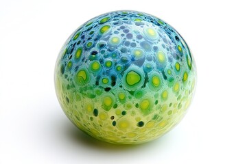 Colorful, sphere-shaped glass ornament with intricate, swirling patterns