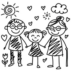 Childlike black and white doodle of a happy family: mother, father, and daughter holding hands, surrounded by sun, clouds, hearts, flowers, and love symbols