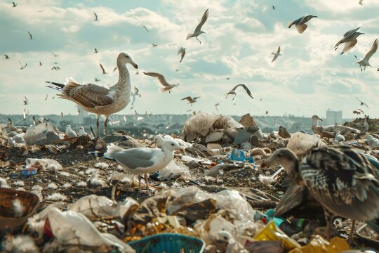 Seagulls scavenging for food in a landfill, environmental pollution problem
