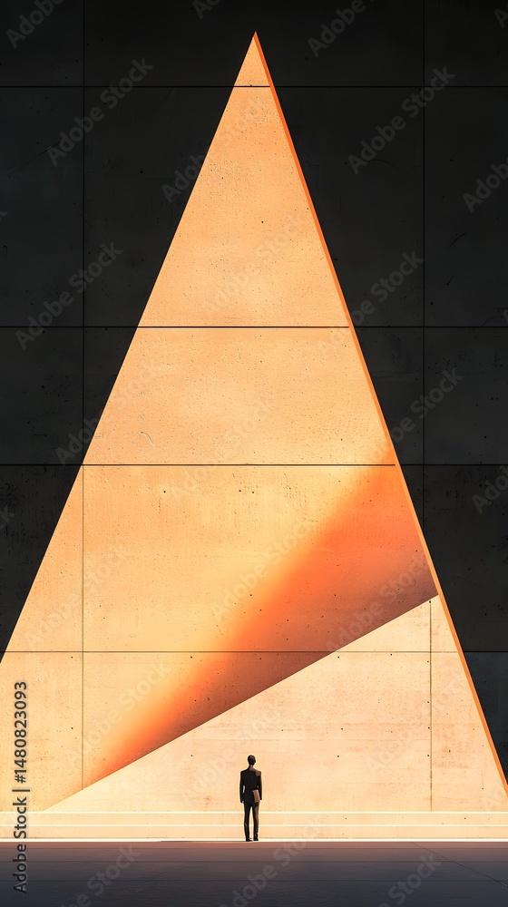 Poster person standing before a large illuminated triangle in a concrete structure