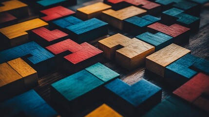 Colorful wooden puzzle pieces arranged on a dark surface