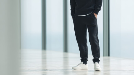 Fototapeta premium person dressed in stylish sportswear stands in bright minimalist room