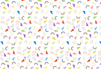 Bright pattern of colorful clouds, rainbows, suns on white background. Joyful and cheerful design for kids, spring and happiness themes. seamless  pattern vector. For backdrop, wallpaper, fabric 